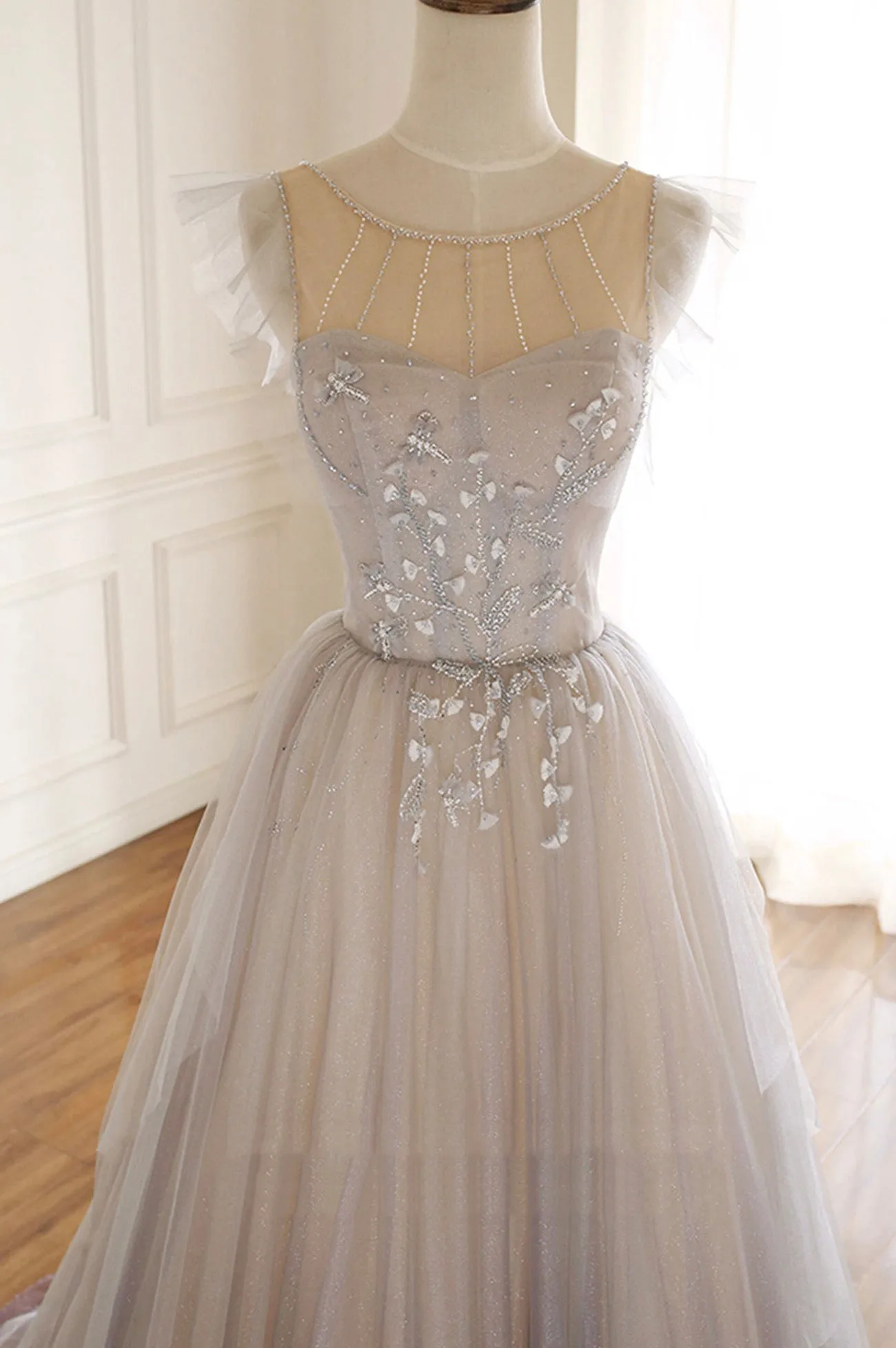 Gray Scoop Neckline Tulle Floor Length Prom Dress, Beautiful A-Line Evening Party Dress