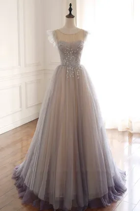 Gray Scoop Neckline Tulle Floor Length Prom Dress, Beautiful A-Line Evening Party Dress