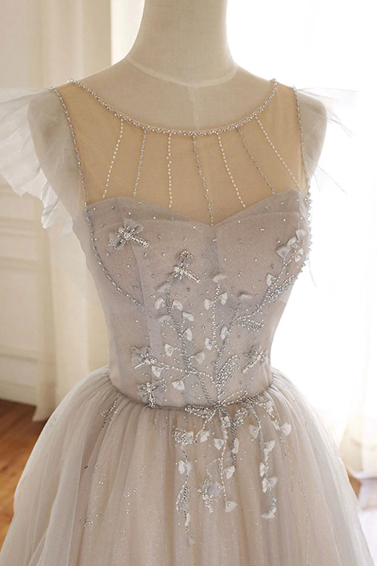 Gray Scoop Neckline Tulle Floor Length Prom Dress, Beautiful A-Line Evening Party Dress