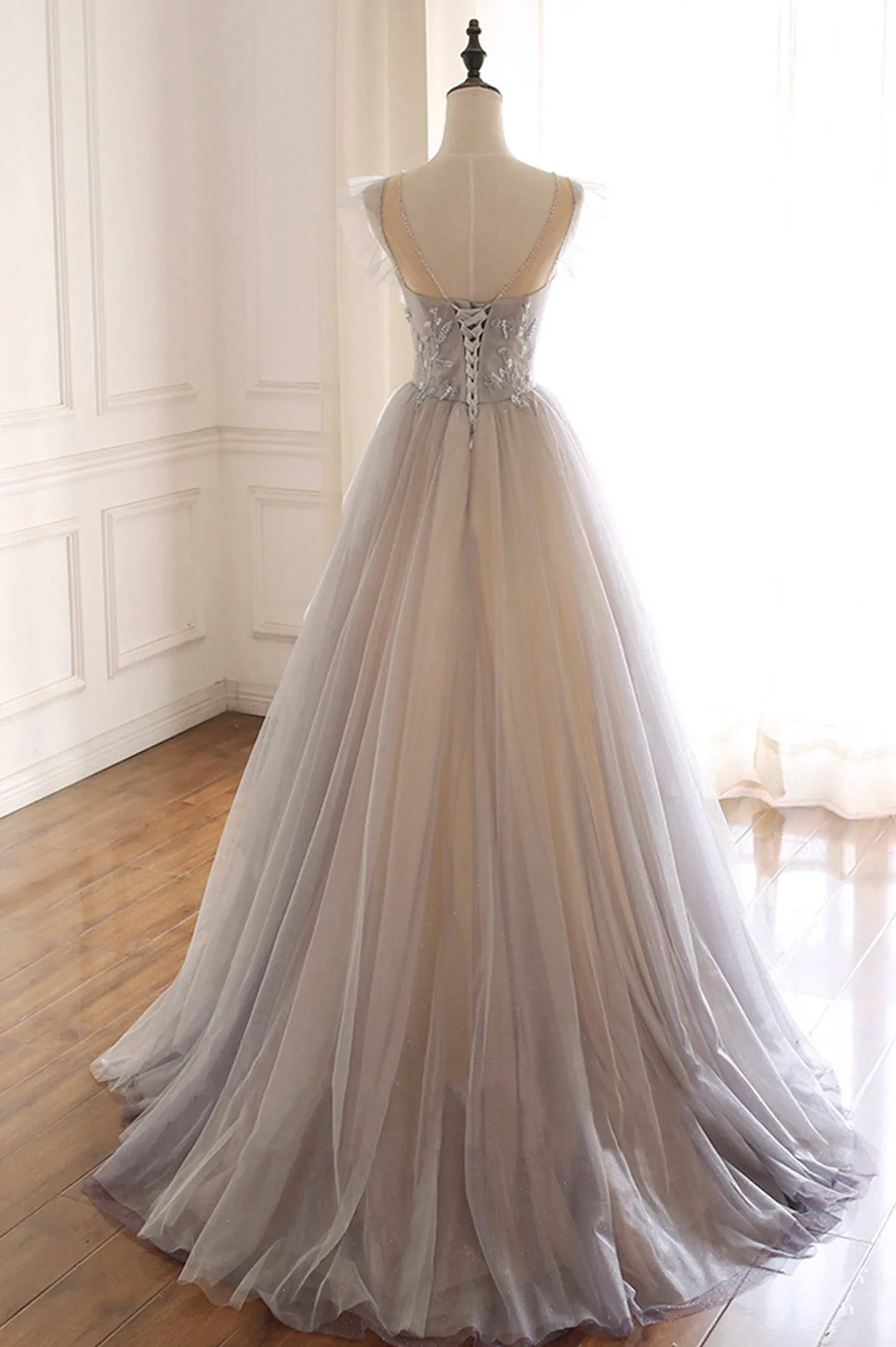 Gray Scoop Neckline Tulle Floor Length Prom Dress, Beautiful A-Line Evening Party Dress