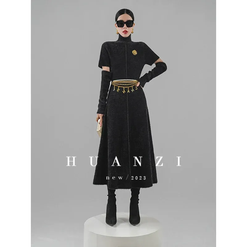 Huanzi French backless Hepburn black elegant mid-length autumn winter dress