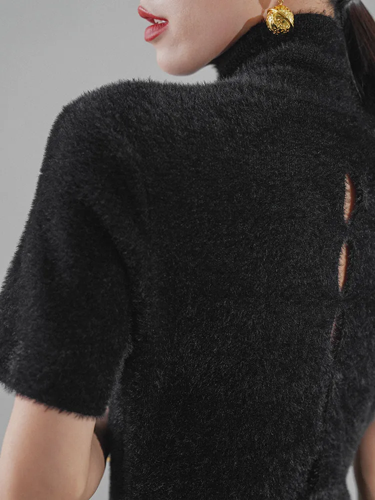 Huanzi French backless Hepburn black elegant mid-length autumn winter dress