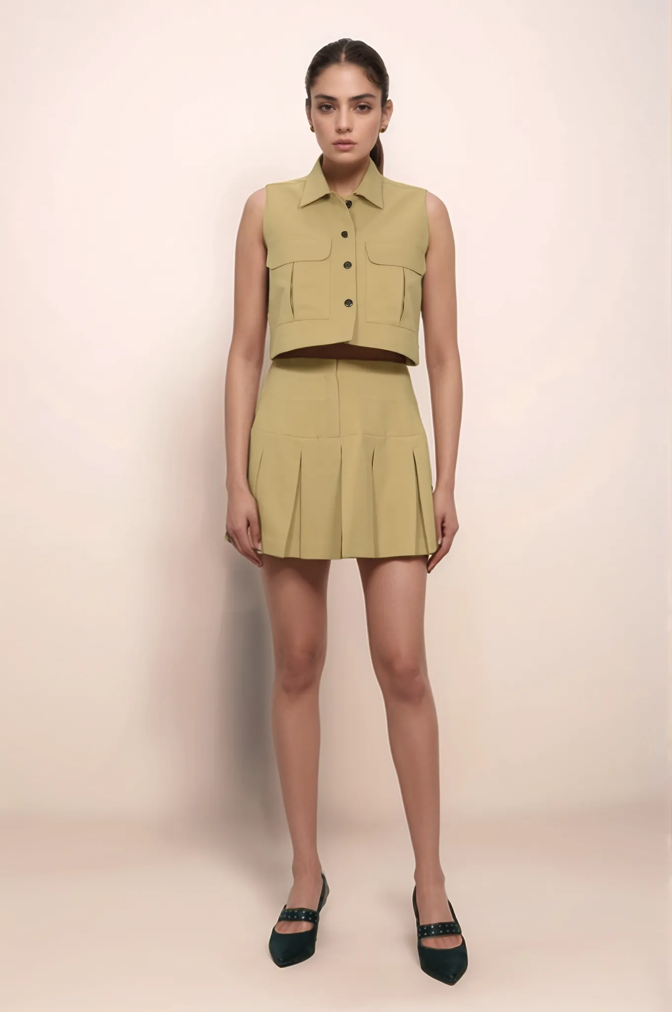 Khaki Pleated Skirt