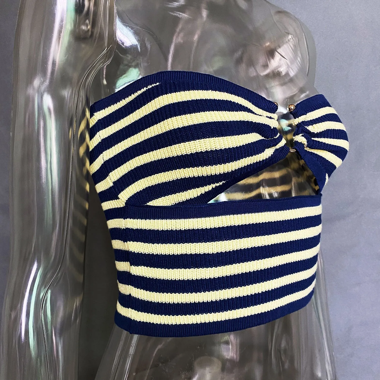 Knit Striped Stylish O-ring Crop Top