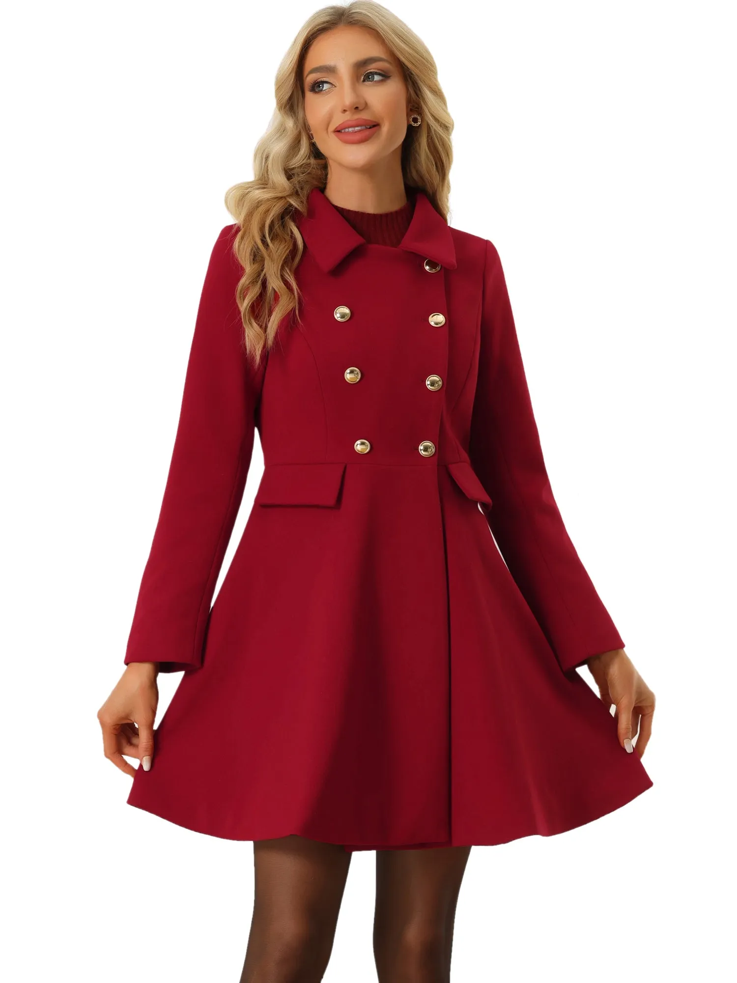 Lapel Pocket Flap Double Breasted Outwear Swing Winter Coat