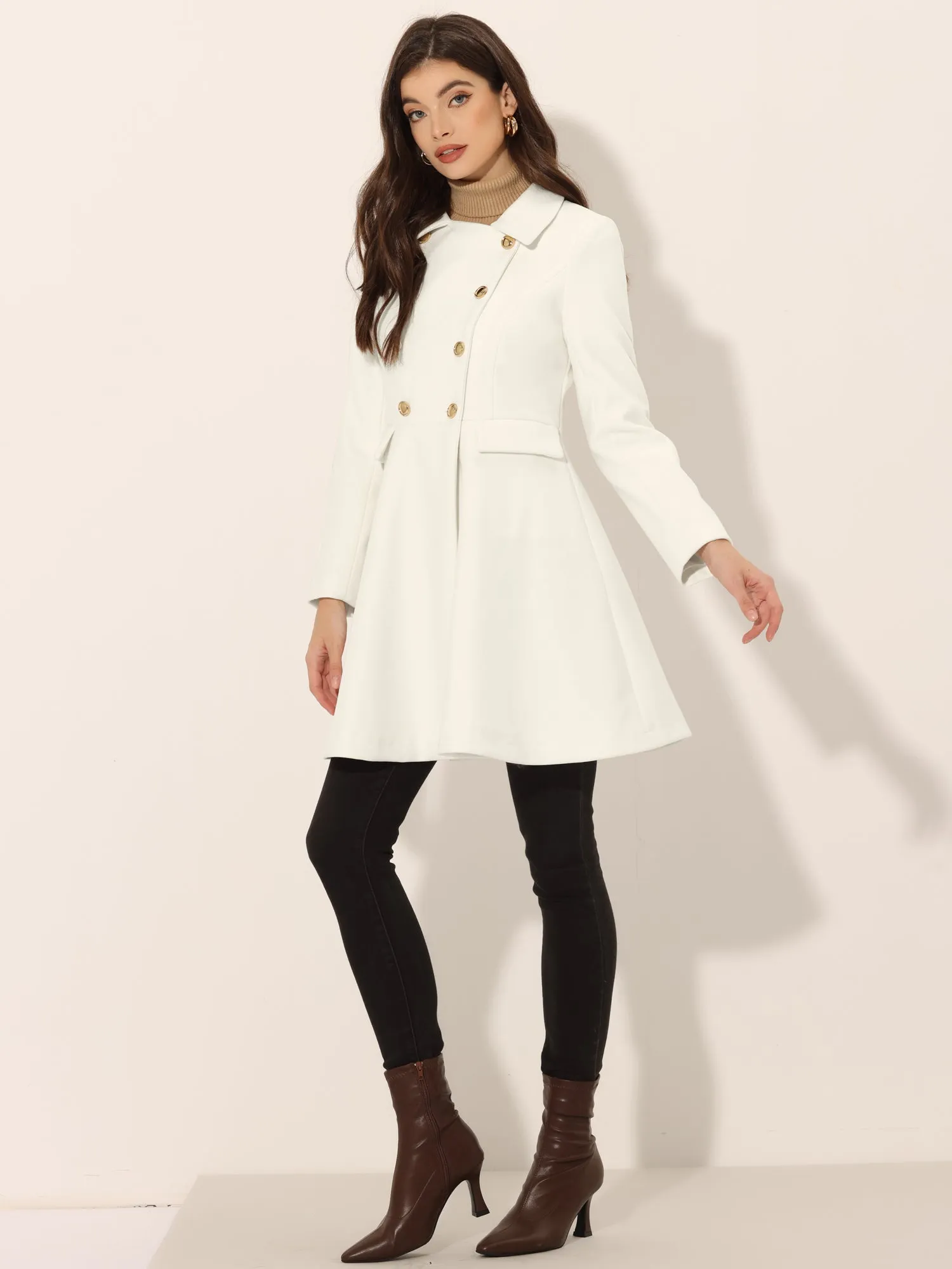 Lapel Pocket Flap Double Breasted Outwear Swing Winter Coat