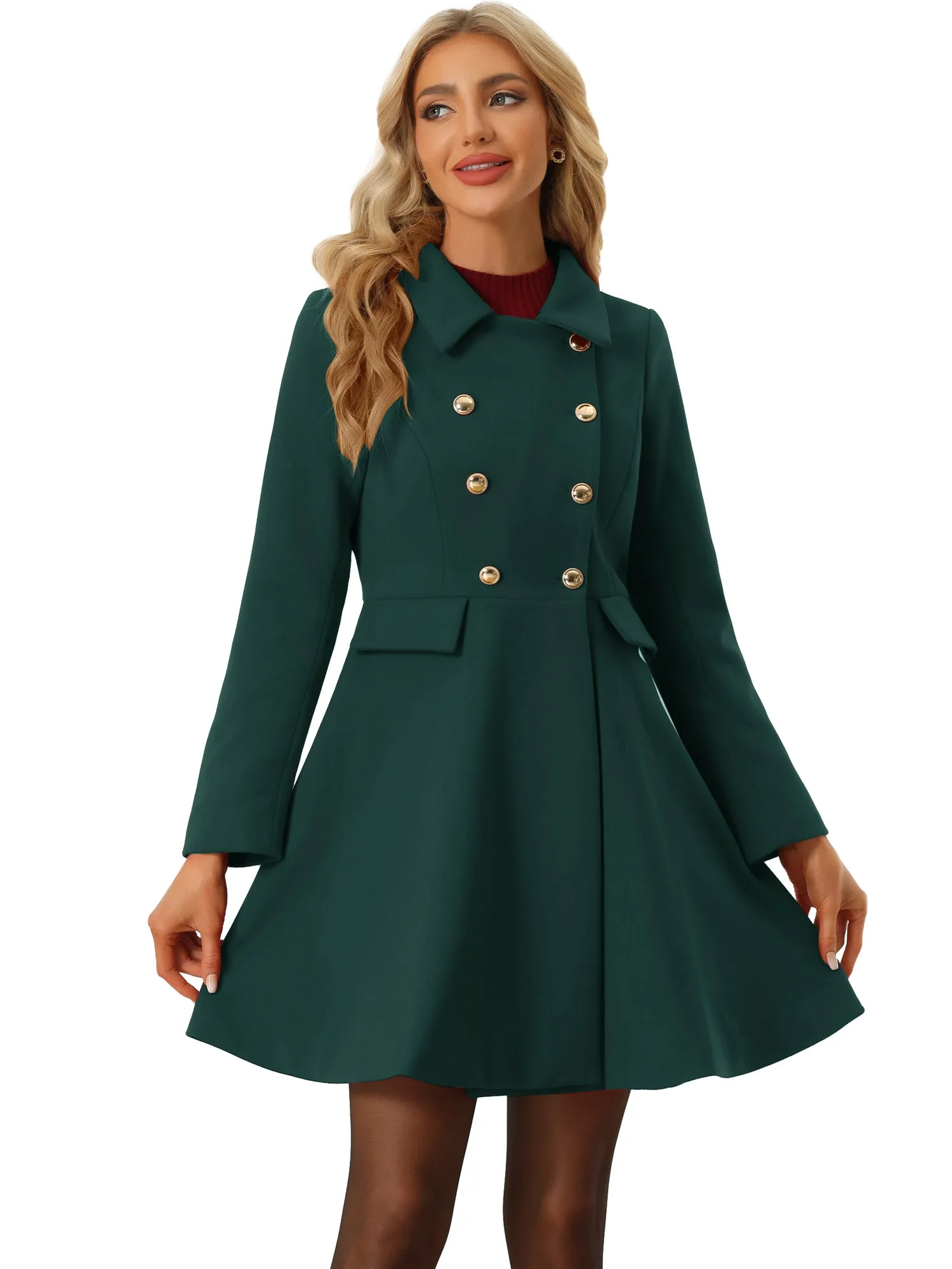 Lapel Pocket Flap Double Breasted Outwear Swing Winter Coat