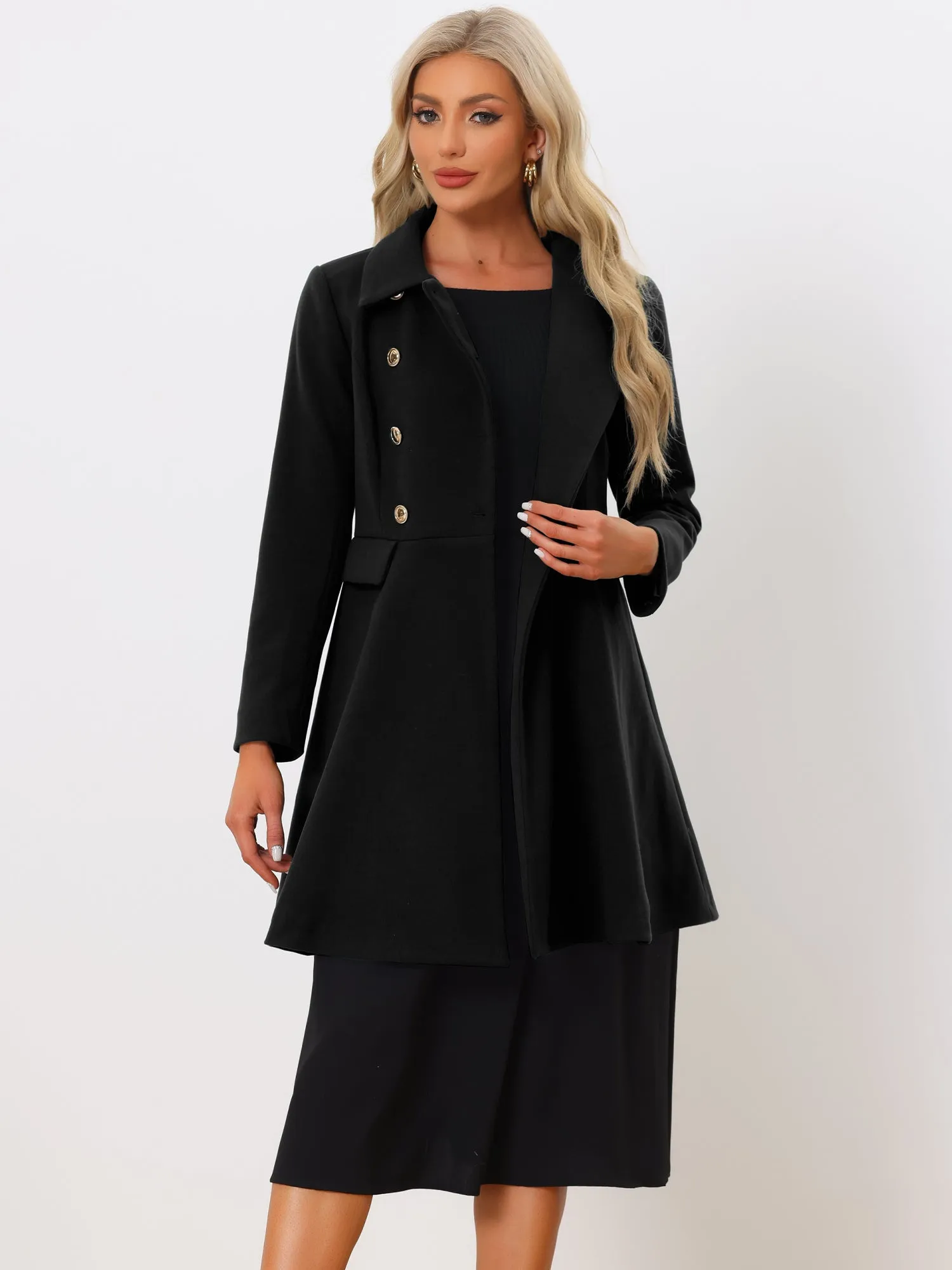 Lapel Pocket Flap Double Breasted Outwear Swing Winter Coat