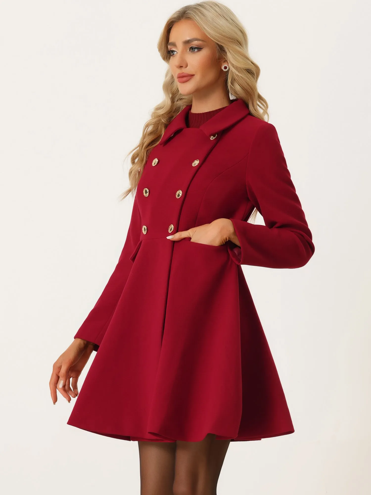 Lapel Pocket Flap Double Breasted Outwear Swing Winter Coat