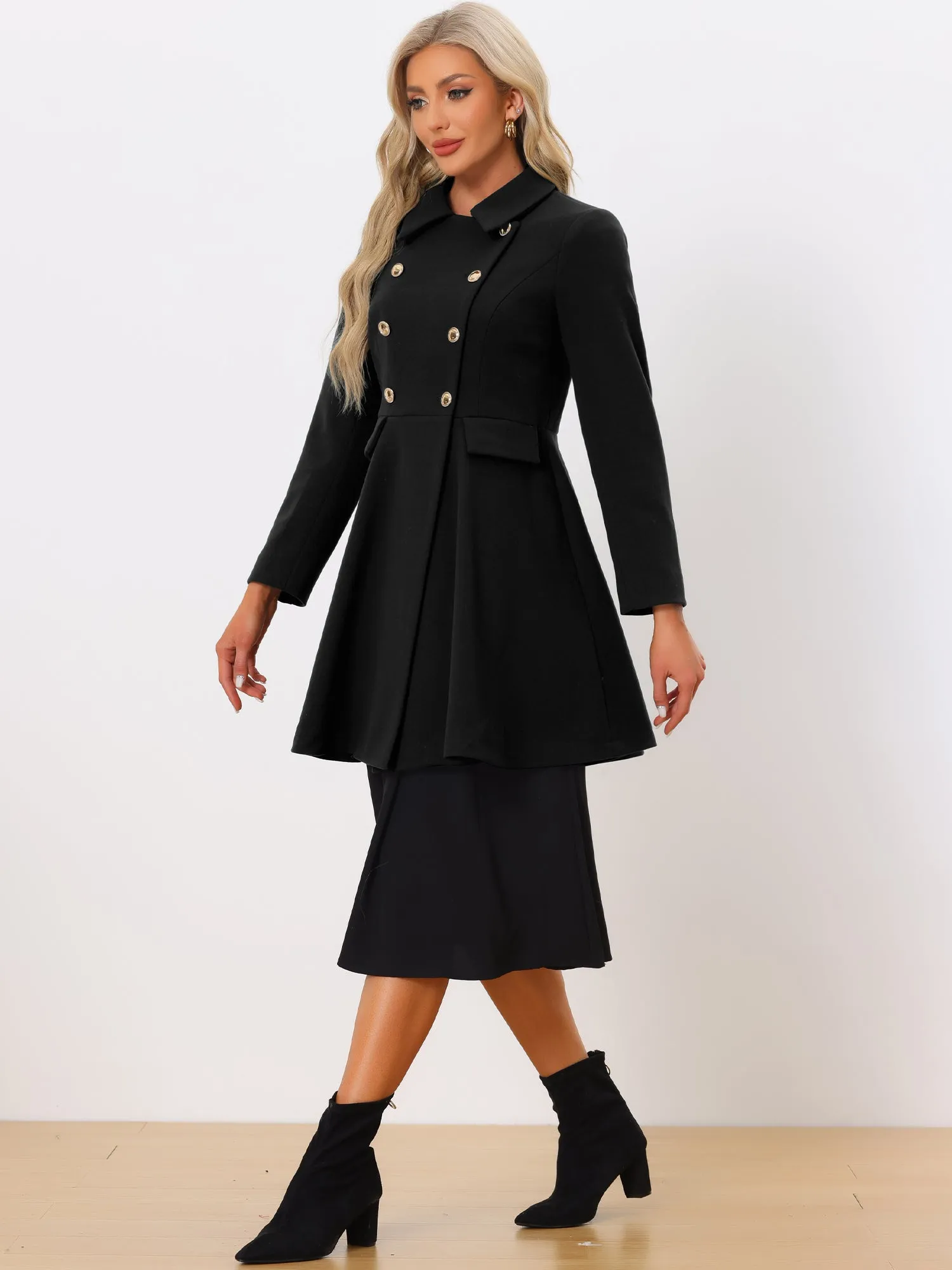 Lapel Pocket Flap Double Breasted Outwear Swing Winter Coat