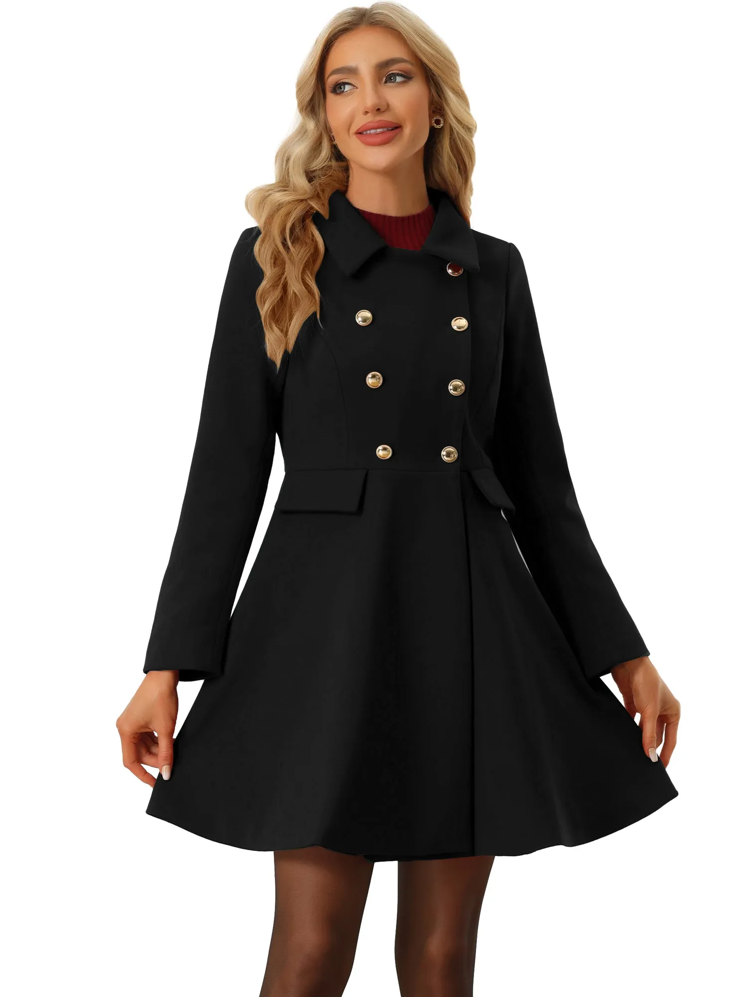 Lapel Pocket Flap Double Breasted Outwear Swing Winter Coat