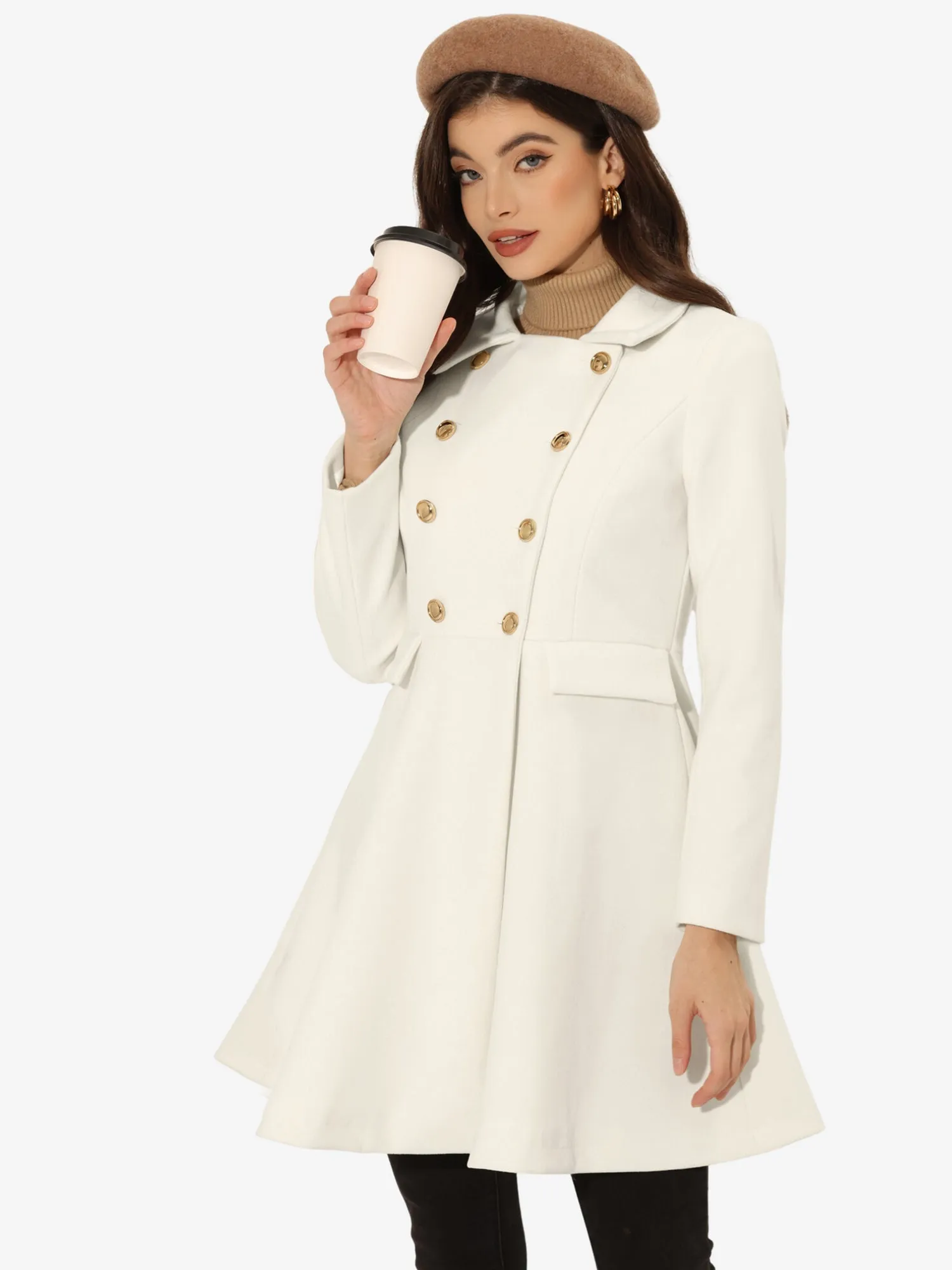Lapel Pocket Flap Double Breasted Outwear Swing Winter Coat