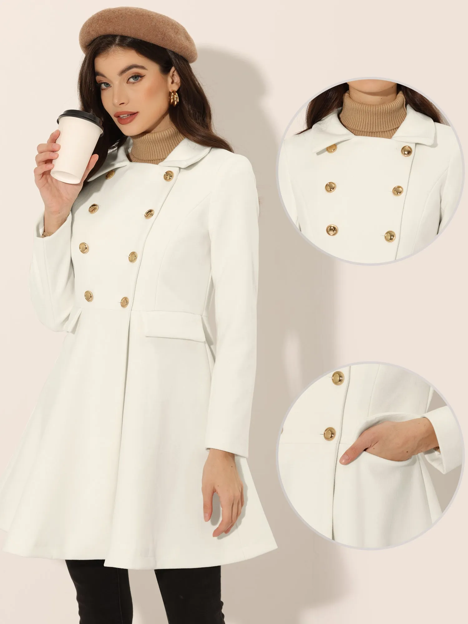 Lapel Pocket Flap Double Breasted Outwear Swing Winter Coat