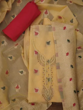 Light Yellow Zari Woven Cotton Blend Dress Material with Dupatta