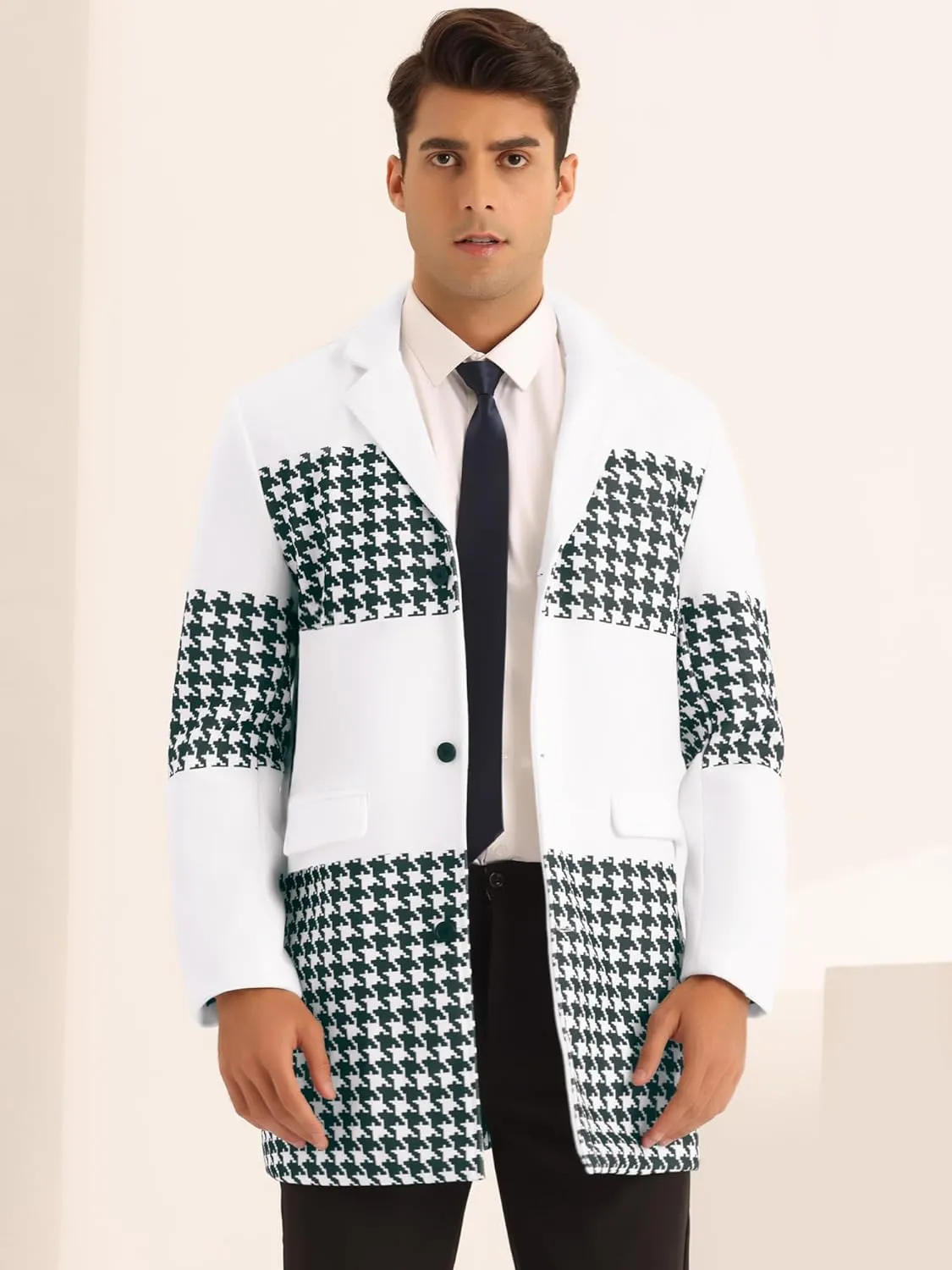 Men's Stylish Black & White Patchwork Houndstooth Long Sleeve Coat