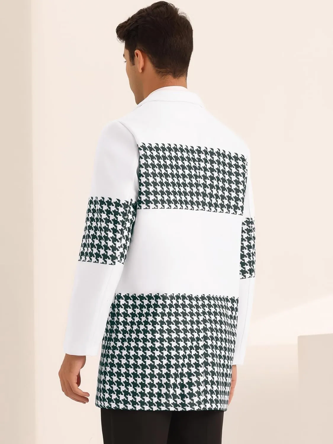 Men's Stylish Black & White Patchwork Houndstooth Long Sleeve Coat