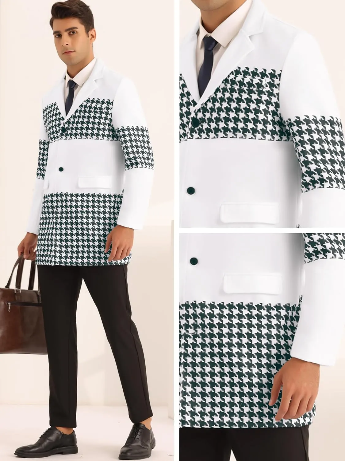 Men's Stylish Black & White Patchwork Houndstooth Long Sleeve Coat