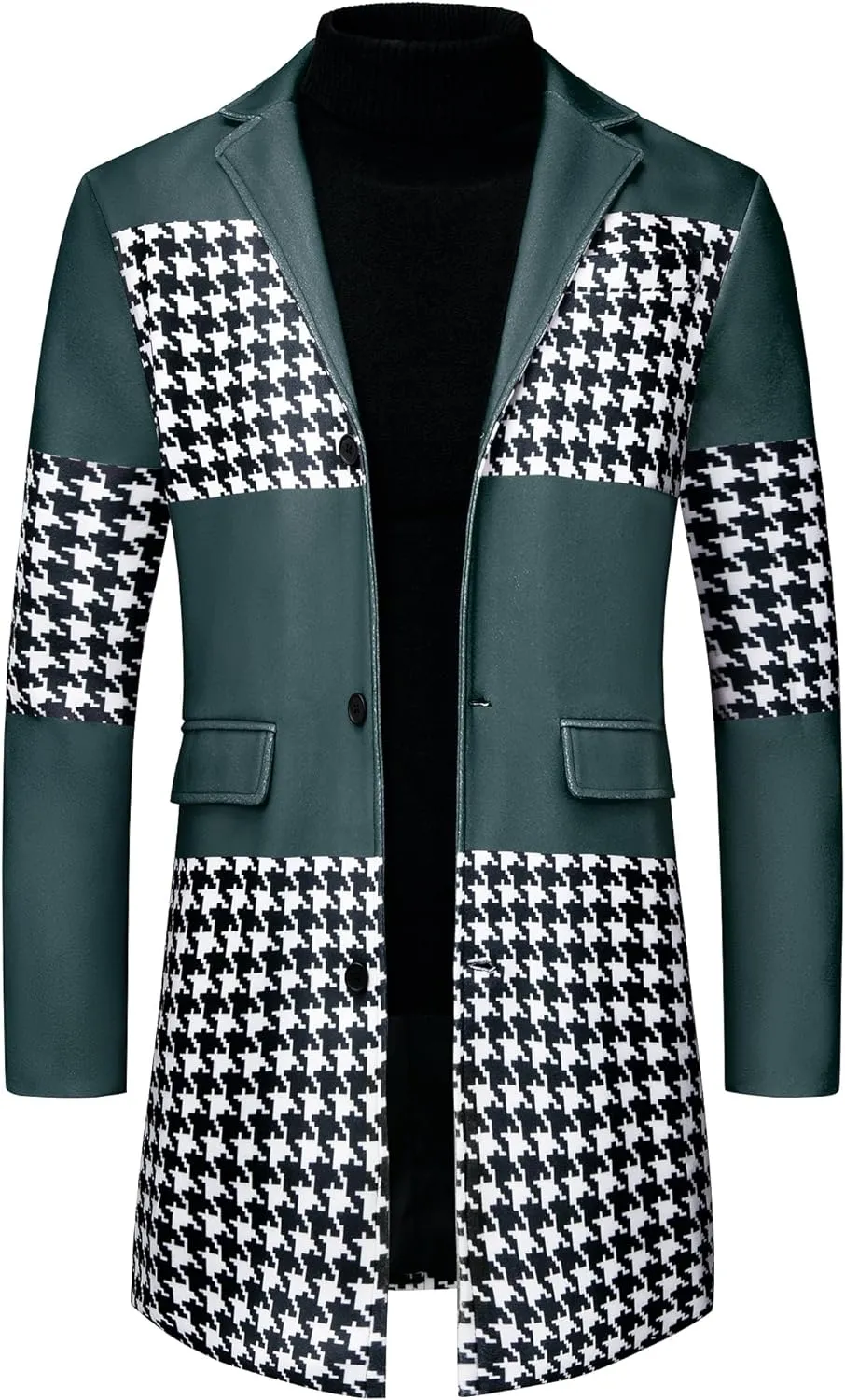 Men's Stylish Black & White Patchwork Houndstooth Long Sleeve Coat