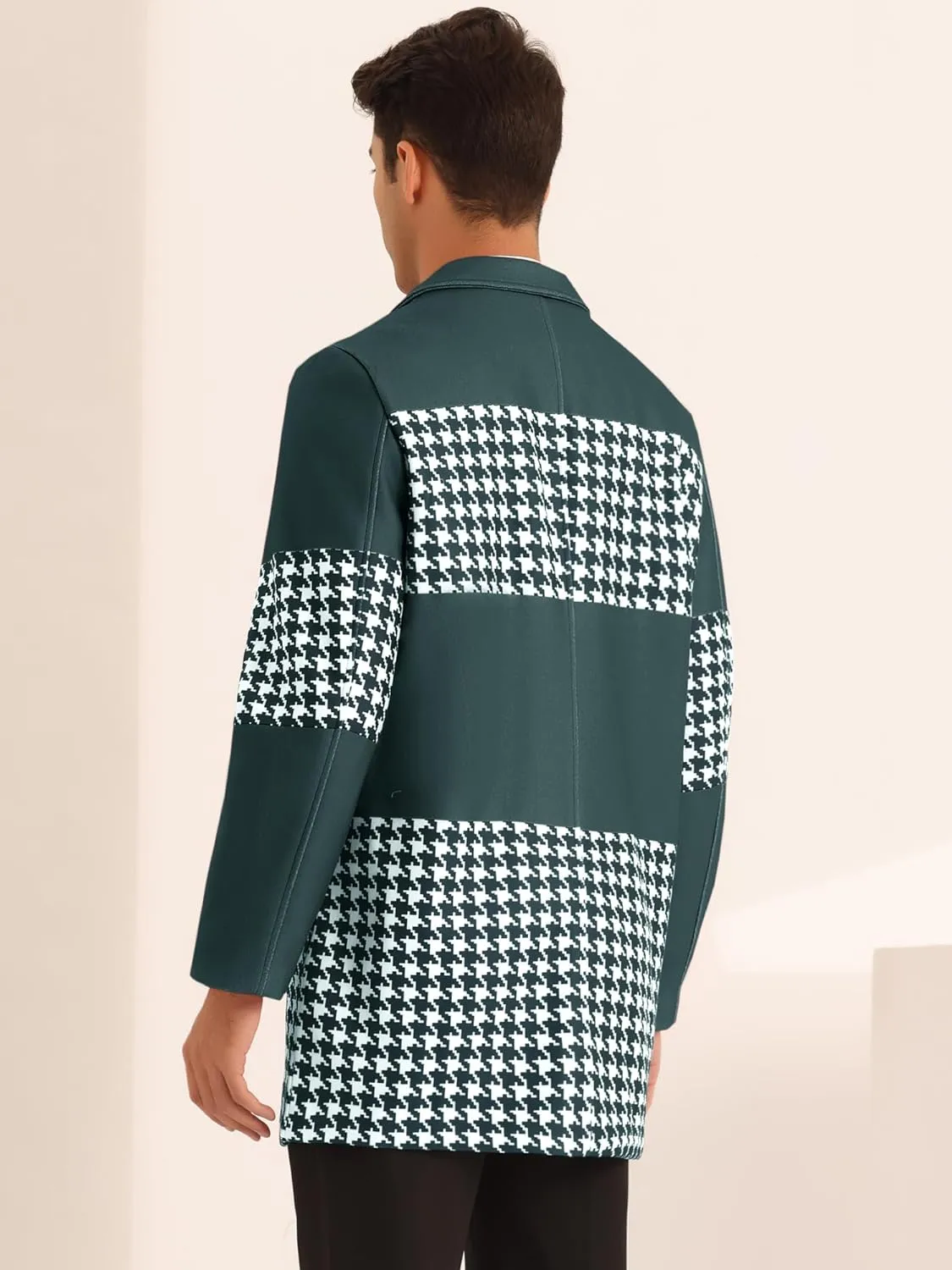 Men's Stylish Black & White Patchwork Houndstooth Long Sleeve Coat