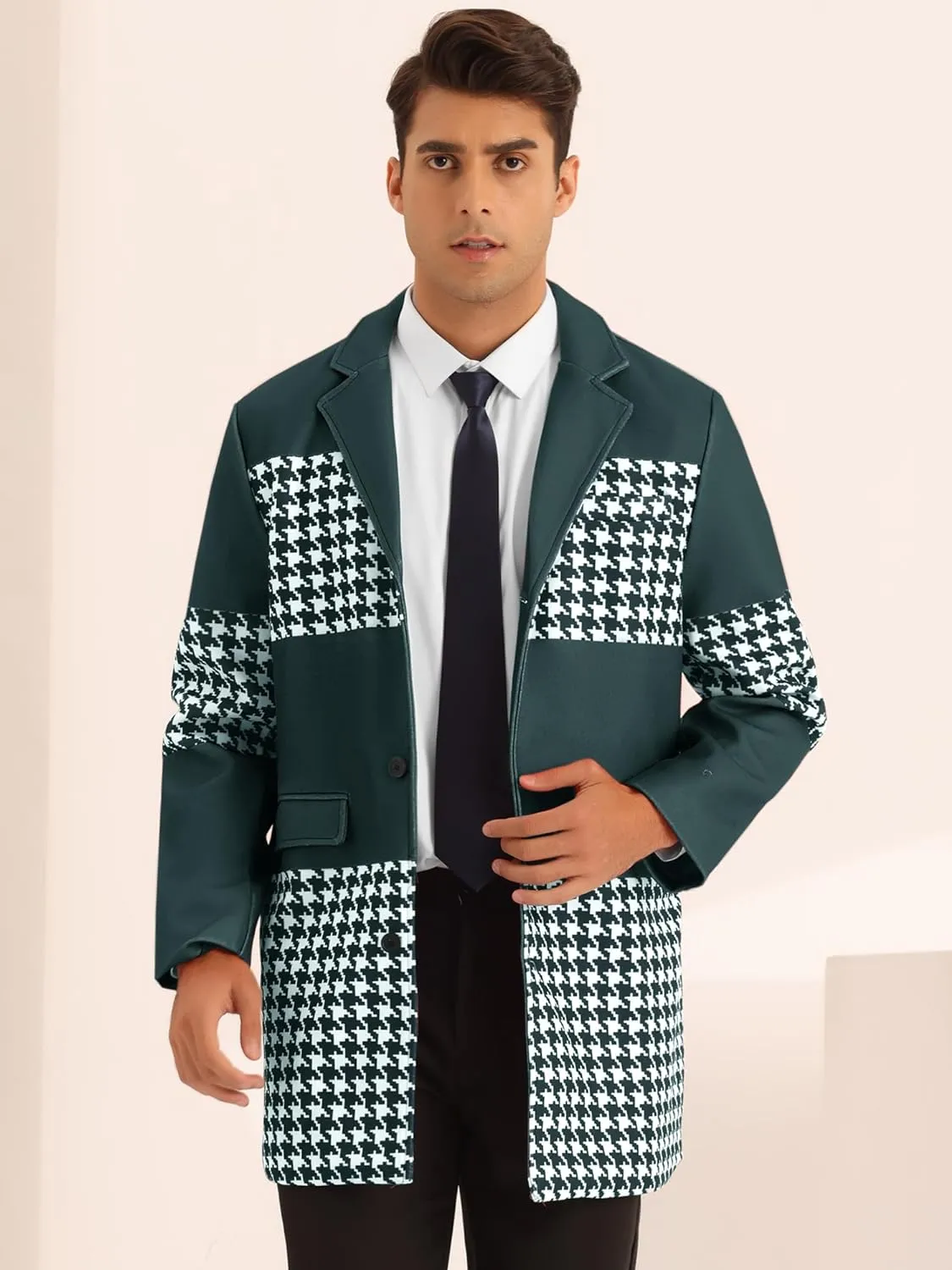 Men's Stylish Black & White Patchwork Houndstooth Long Sleeve Coat