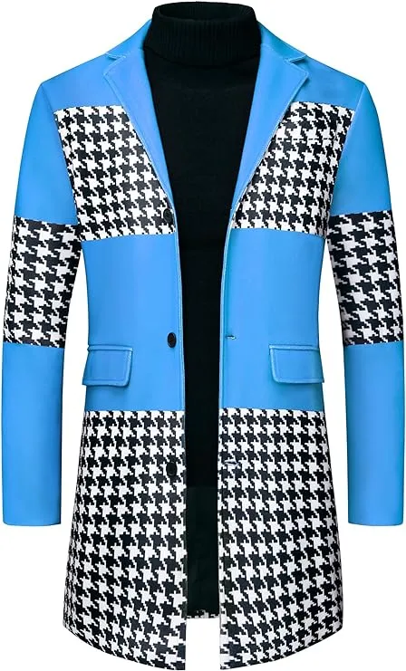 Men's Stylish Black & White Patchwork Houndstooth Long Sleeve Coat