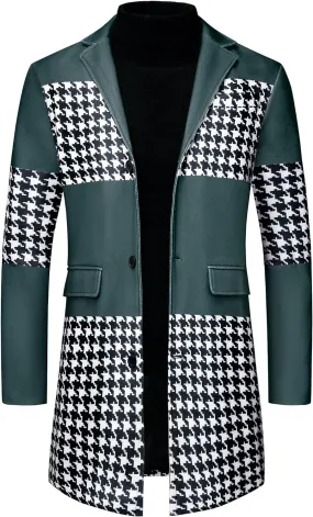 Men's Stylish Green Patchwork Houndstooth Long Sleeve Coat