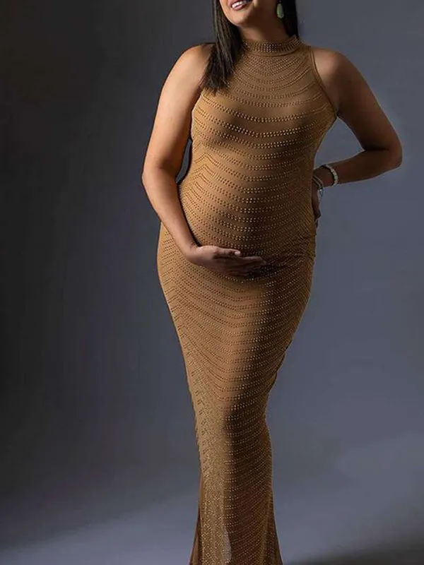 Momyknows Rhinestone Mesh Off Shoulder Split Slit Bodycon Party Gown Photoshoot Plus Size Maternity Maxi Dress