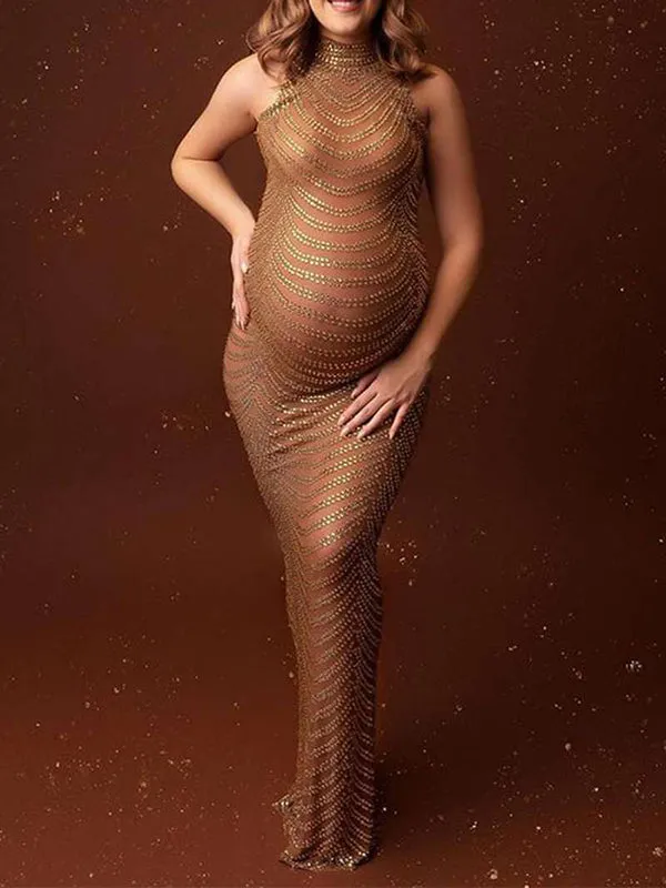 Momyknows Rhinestone Mesh Off Shoulder Split Slit Bodycon Party Gown Photoshoot Plus Size Maternity Maxi Dress