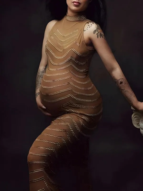 Momyknows Rhinestone Mesh Off Shoulder Split Slit Bodycon Party Gown Photoshoot Plus Size Maternity Maxi Dress