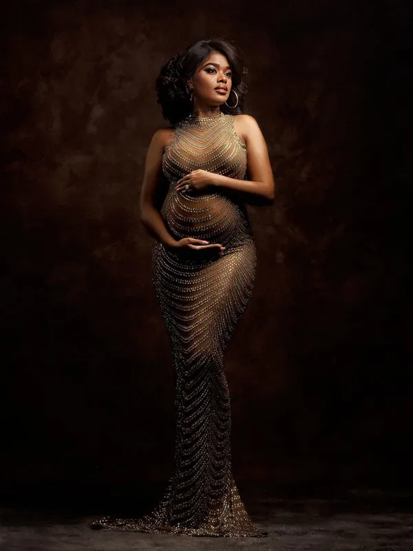Momyknows Rhinestone Mesh Off Shoulder Split Slit Bodycon Party Gown Photoshoot Plus Size Maternity Maxi Dress
