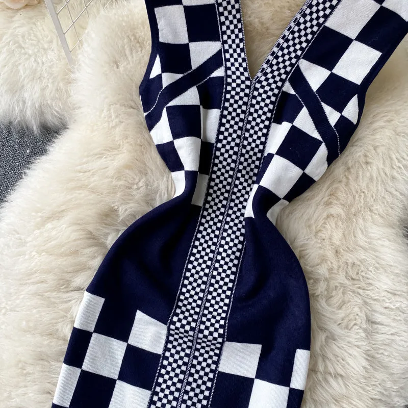 Mosaic Color Block Check Knit Dress