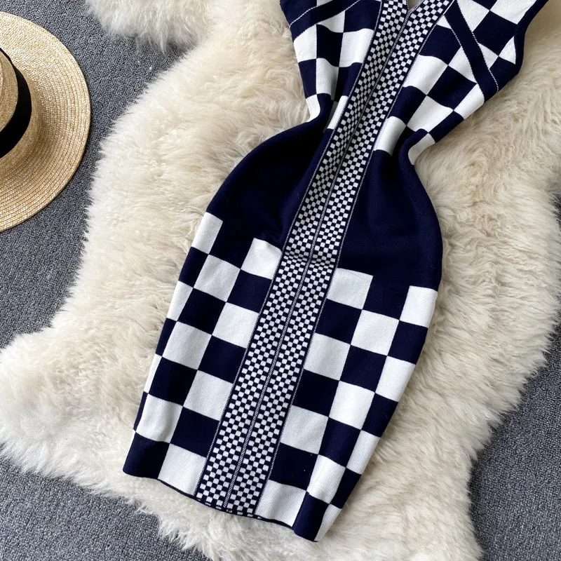 Mosaic Color Block Check Knit Dress