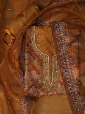 Mustard Unstitched Embroidered Organza Dress Material With Dupatta