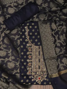 Navy Blue Zari Silk Blend Embellished Dress Material with Dupatta