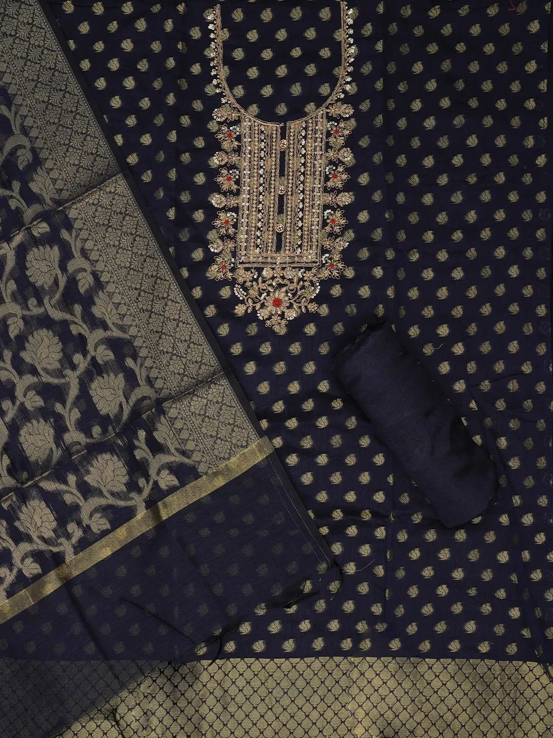 Navy Blue Zari Silk Blend Embellished Dress Material with Dupatta