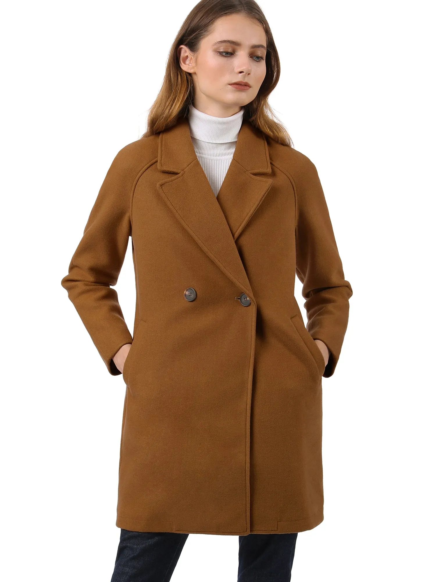 Notched Lapel Double Breasted Raglan Winter Coat