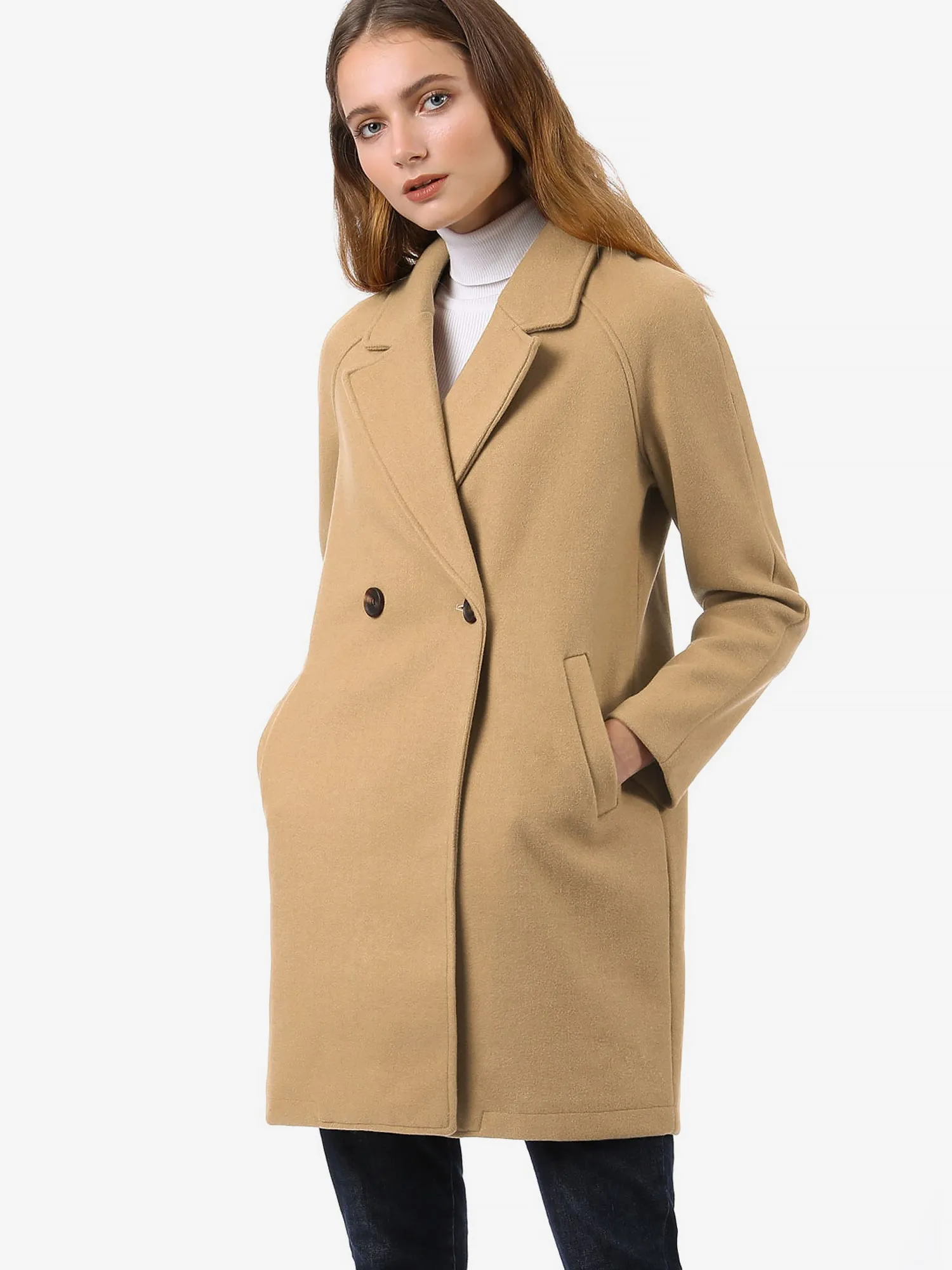 Notched Lapel Double Breasted Raglan Winter Coat