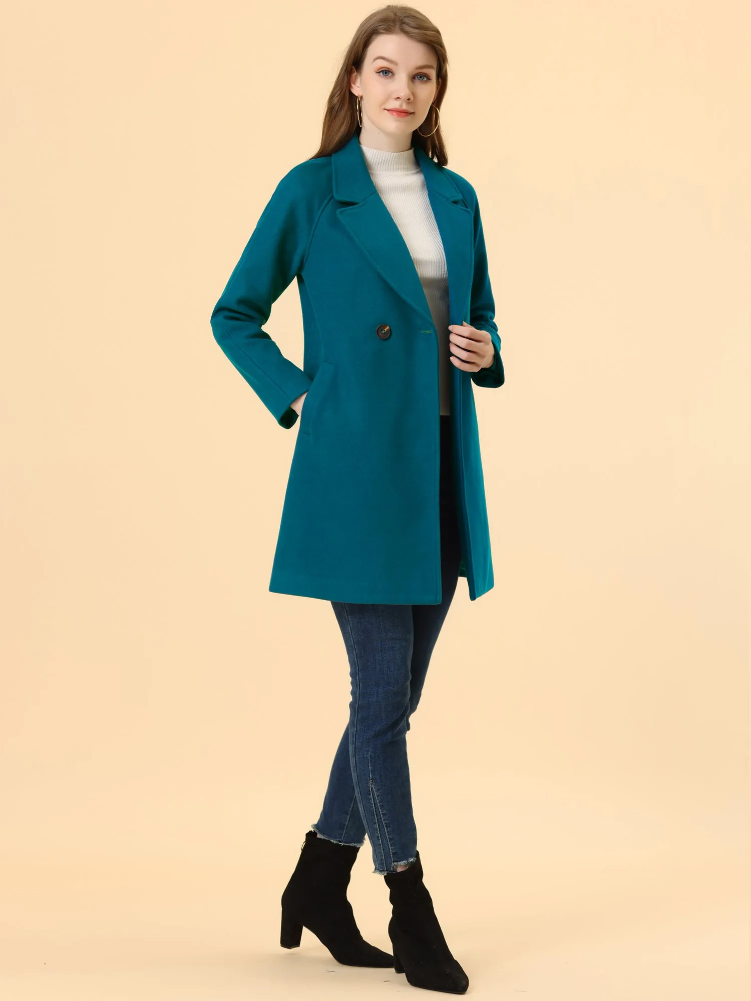 Notched Lapel Double Breasted Raglan Winter Coat