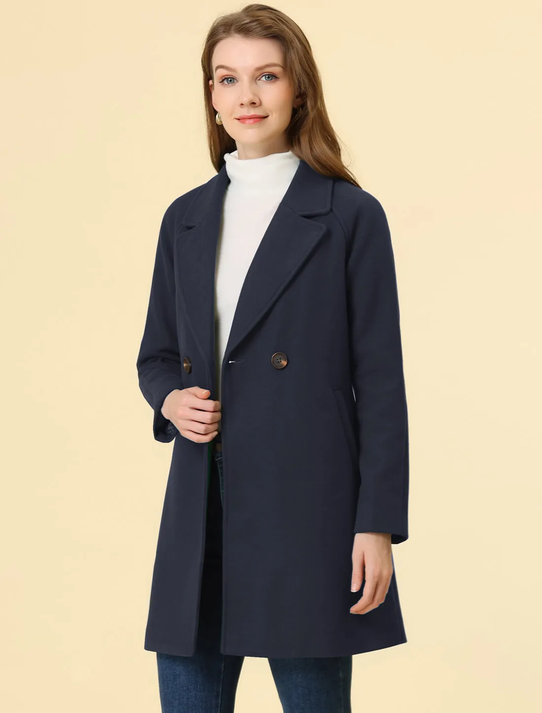 Notched Lapel Double Breasted Raglan Winter Coat