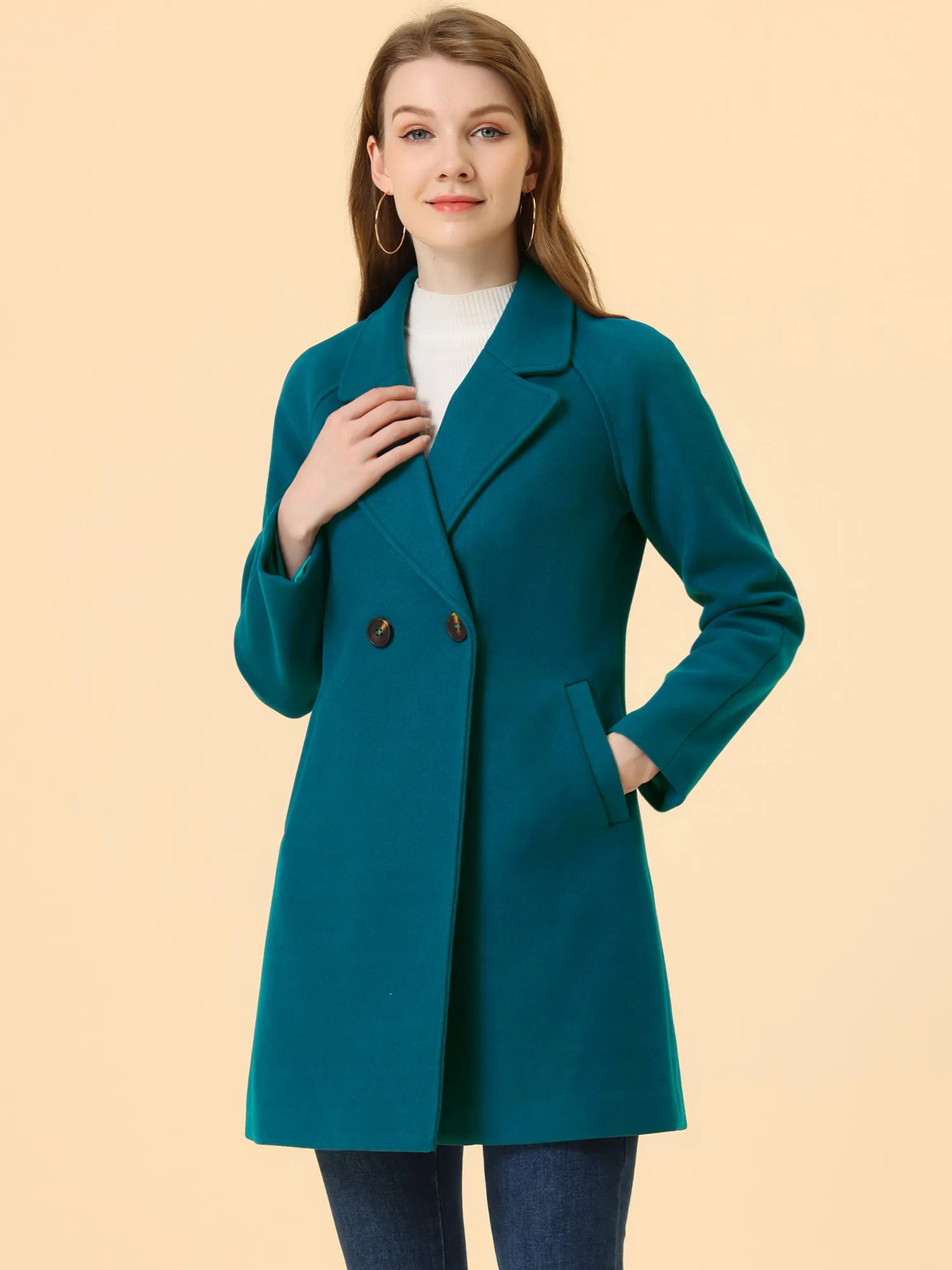 Notched Lapel Double Breasted Raglan Winter Coat
