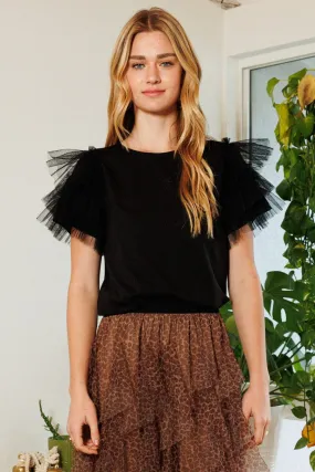 ODDI Mesh Ruffle Tiered Sleeve Top