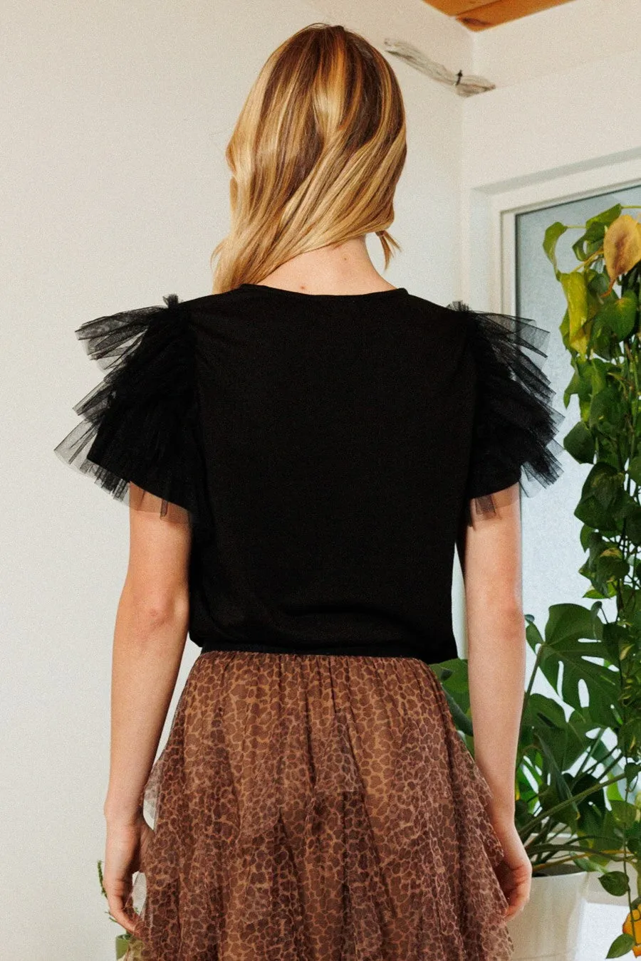 ODDI Mesh Ruffle Tiered Sleeve Top