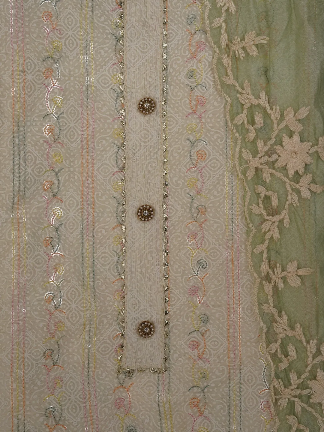 Off White Sequin Embroidered Silk Blend Dress Material with Dupatta