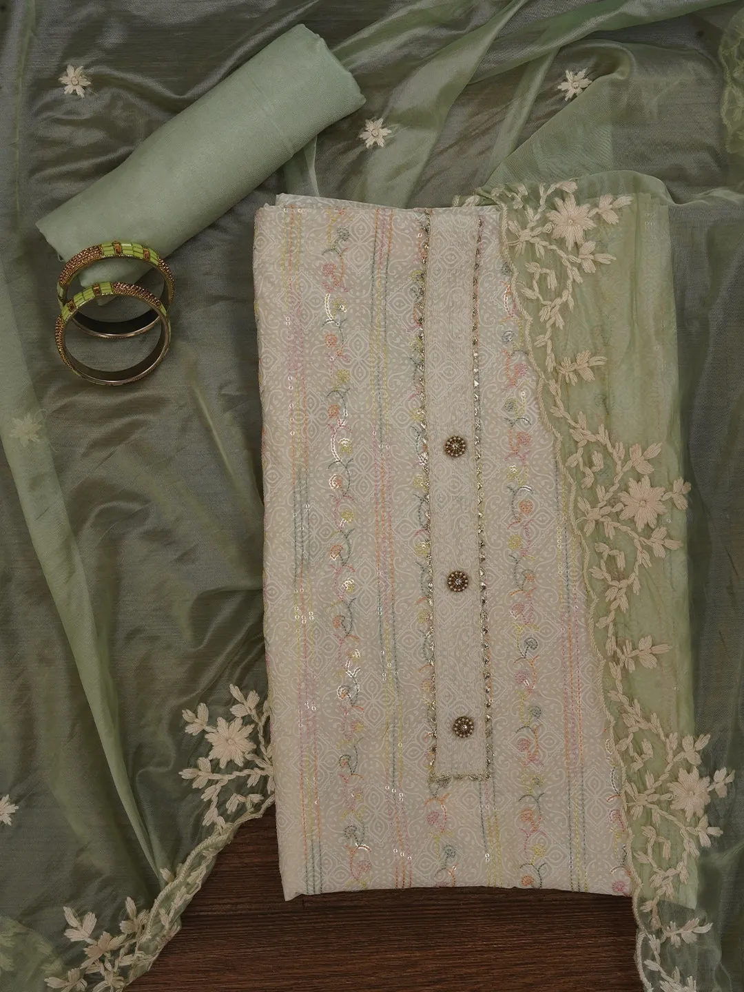 Off White Sequin Embroidered Silk Blend Dress Material with Dupatta