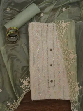Off White Sequin Embroidered Silk Blend Dress Material with Dupatta