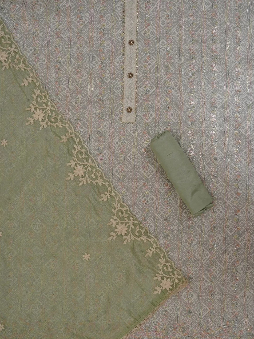 Off White Sequin Embroidered Silk Blend Dress Material with Dupatta