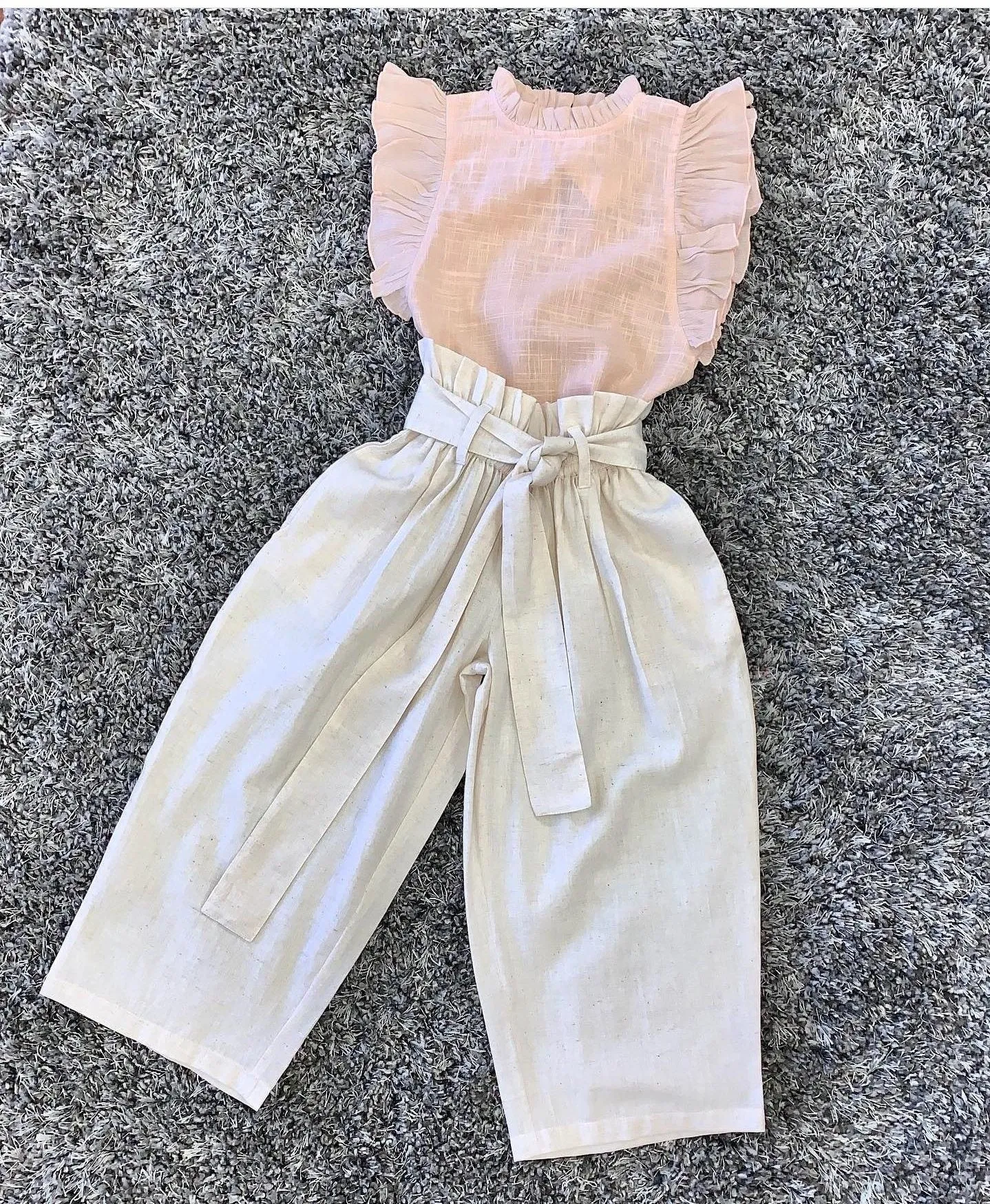 Pink Ruffle Sleeves Top with High-Waist Ivory Paper Bag Pants 2 pc. Set