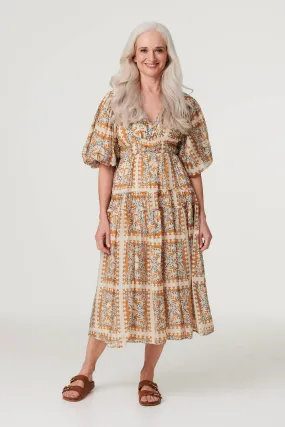 Printed Puff 1/2 Sleeve Midi Dress