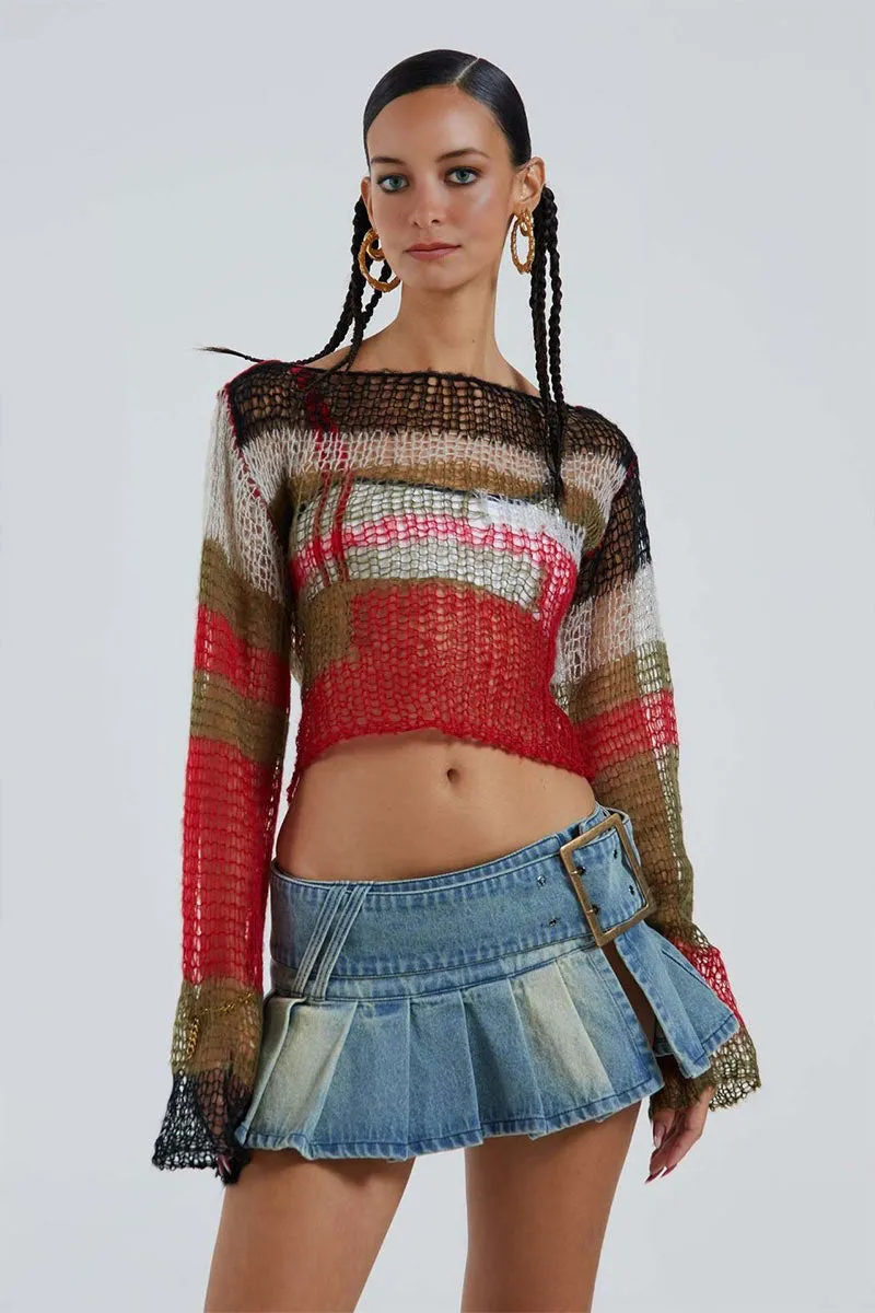 QK0621 Pleated Denim Mini Skirt