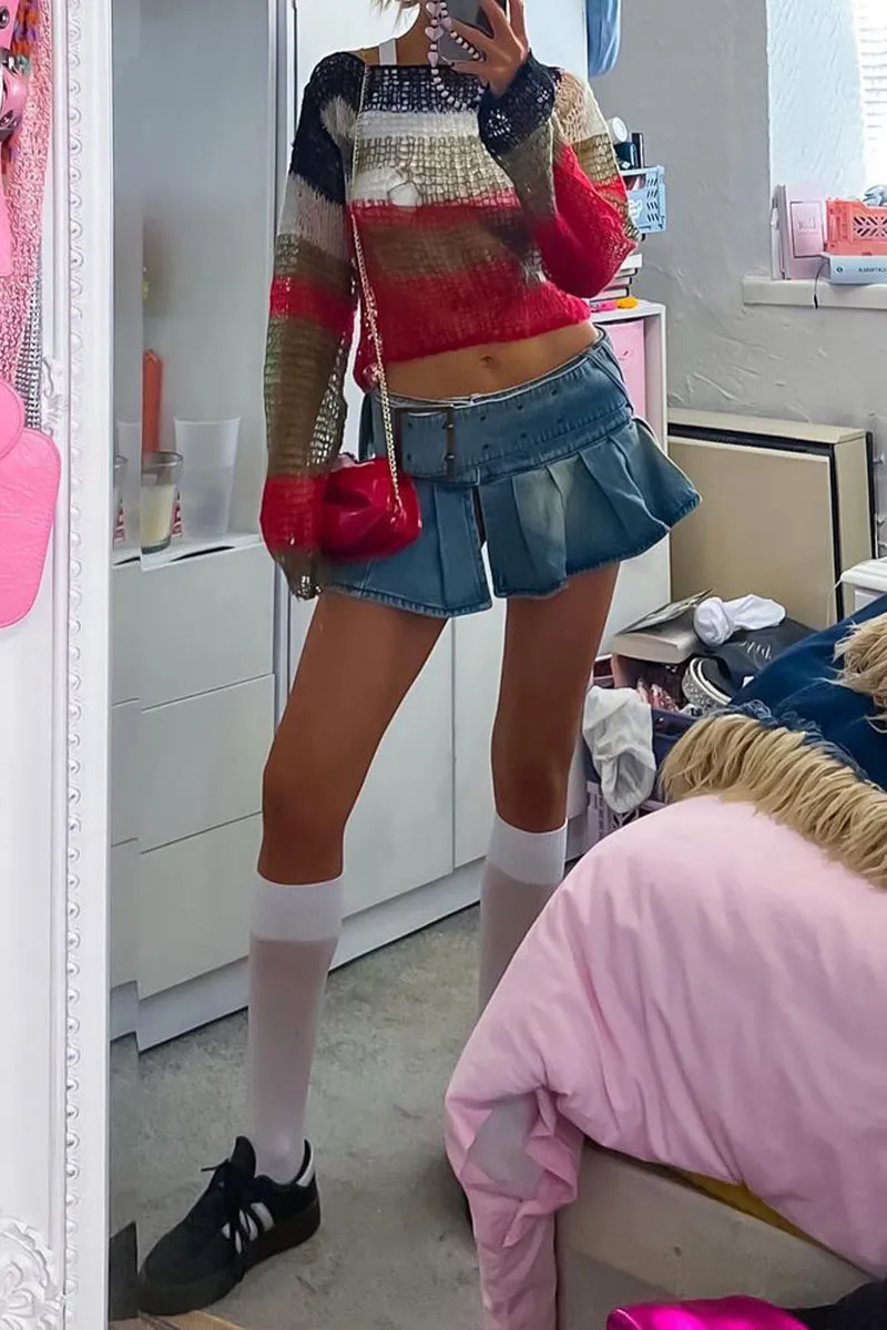 QK0621 Pleated Denim Mini Skirt